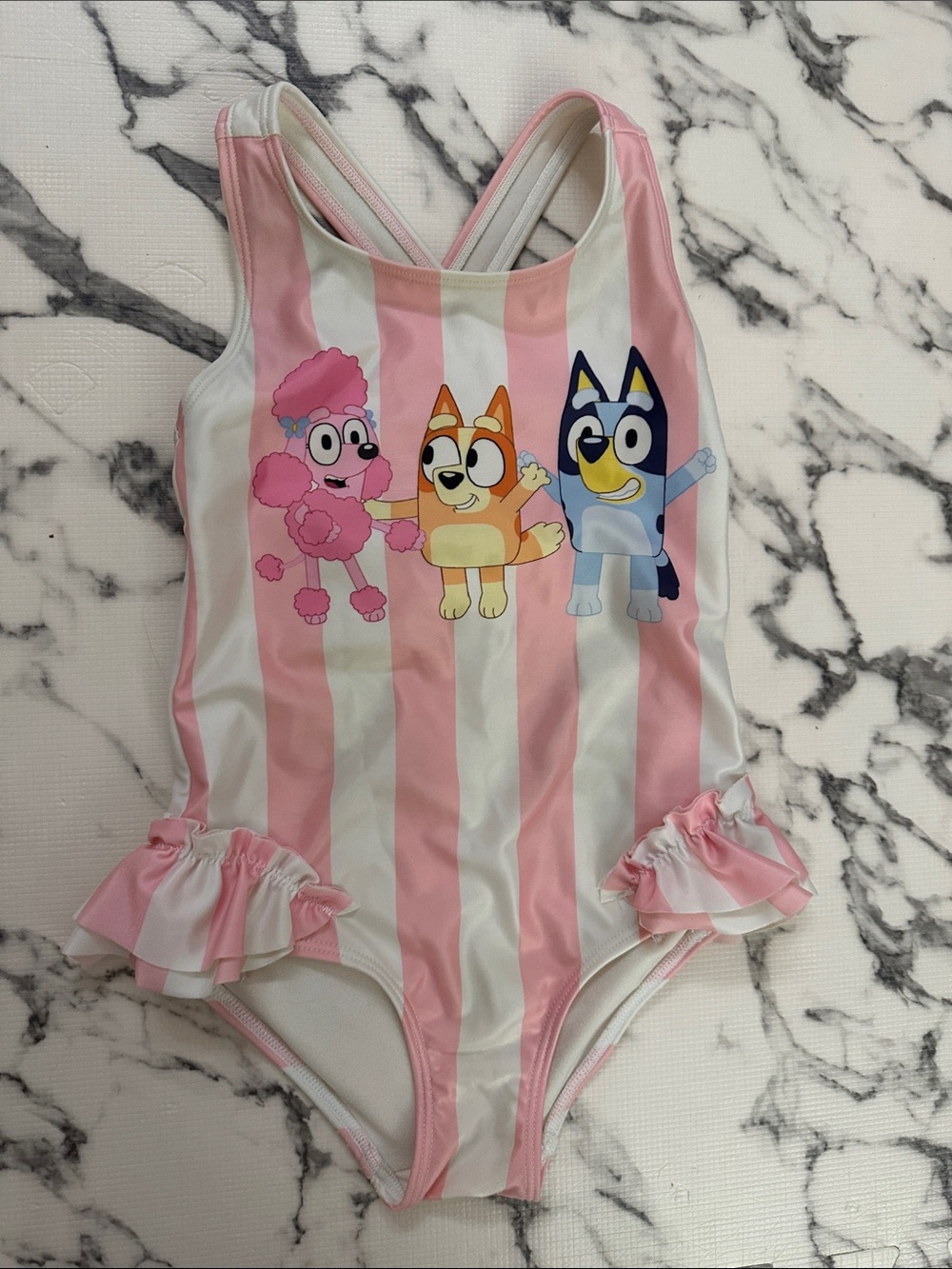 Adorable H&M Pink and White Striped Bluey Characters One-Piece Swimsuit